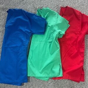 Lot of 3 Womens Scrub Tops Lydia's Landau Red Blue Green V-Neck Size XS